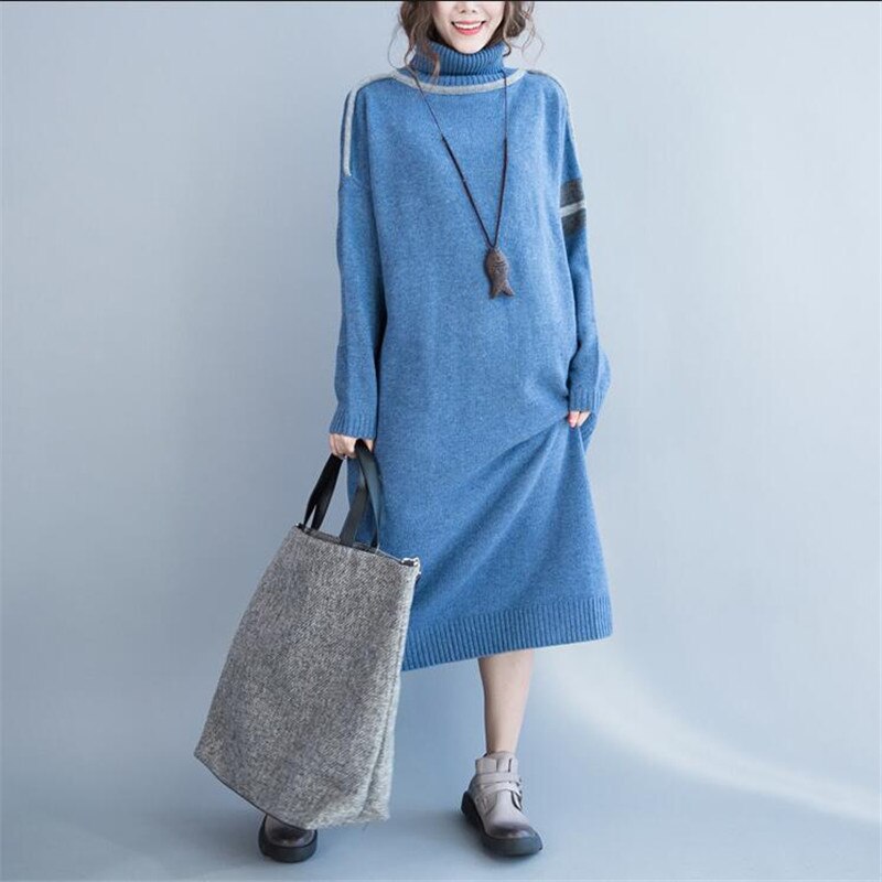 Sweater Dress Vestidos Autumn Women Casual Long Sleeve turtleneck Knitted Dress Winter long Dresses Plus Size: Sky blue