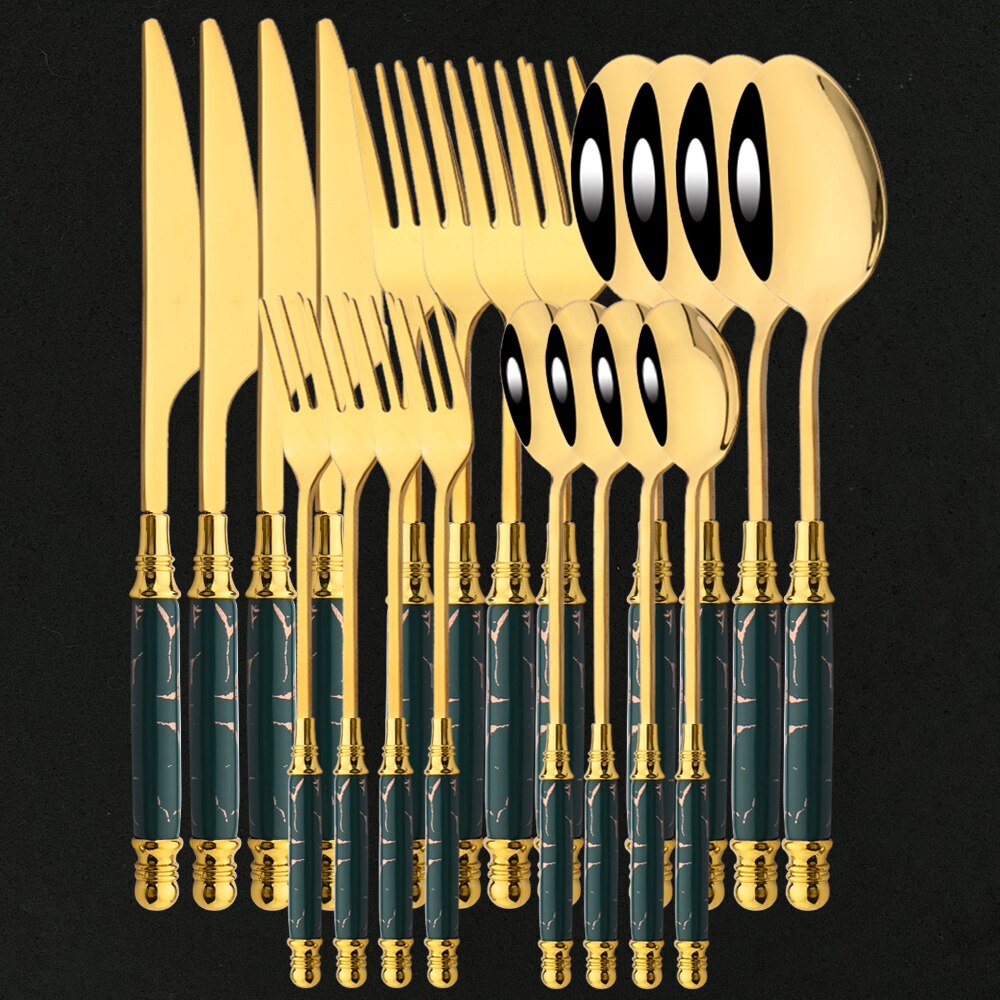 4/20PCS Gold Stainless Steel Flatware Cutlery Set Dinnerware Set Emerald Marble Ceramic Handle Knife Fork Tea Spoon Dinner Set