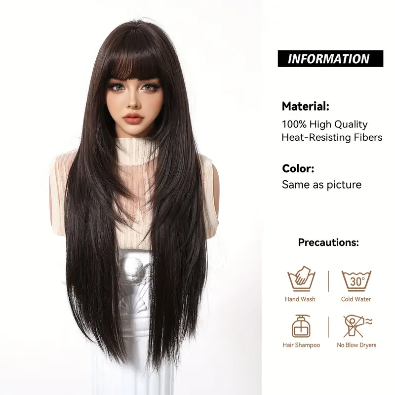 Lange gerade dunkelbraune synthetische Perücken mit Pony, seidige geschichtete Perücken für Frauen, täglicher Partygebrauch, Naturhaar-Perücke, hitzebeständig
