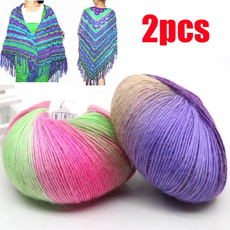 2pcs Cashmere Yarn Knitted Chunky Hand-Woven Woolen Rainbow Colorful Knitting Scores 100% Wool Yarn Needles Crochet Weave Thread