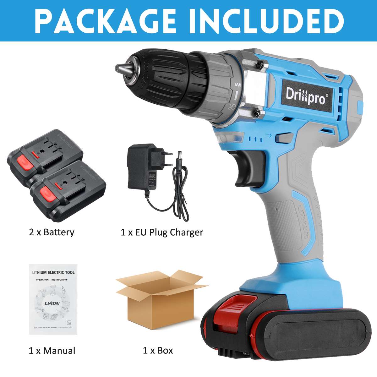 Drillpro-taladro inalámbrico de 12V, 16V, 21V, 10MM, 25 + 1, minicontrolador de potencia, batería de iones de litio, herramientas eléctricas: 21V 2 Battery EU