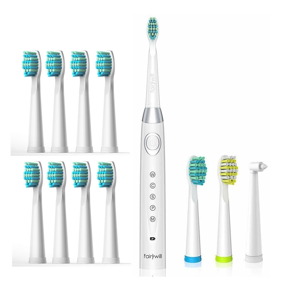 Fairywill – Brosses à dents électriques Sonic pour adultes et enfants,appareil de blanchiment rechargeable avec minuterie intelligente et 10 têtes de rechange, 5 modes de nettoyage,: 508White-FW01-2
