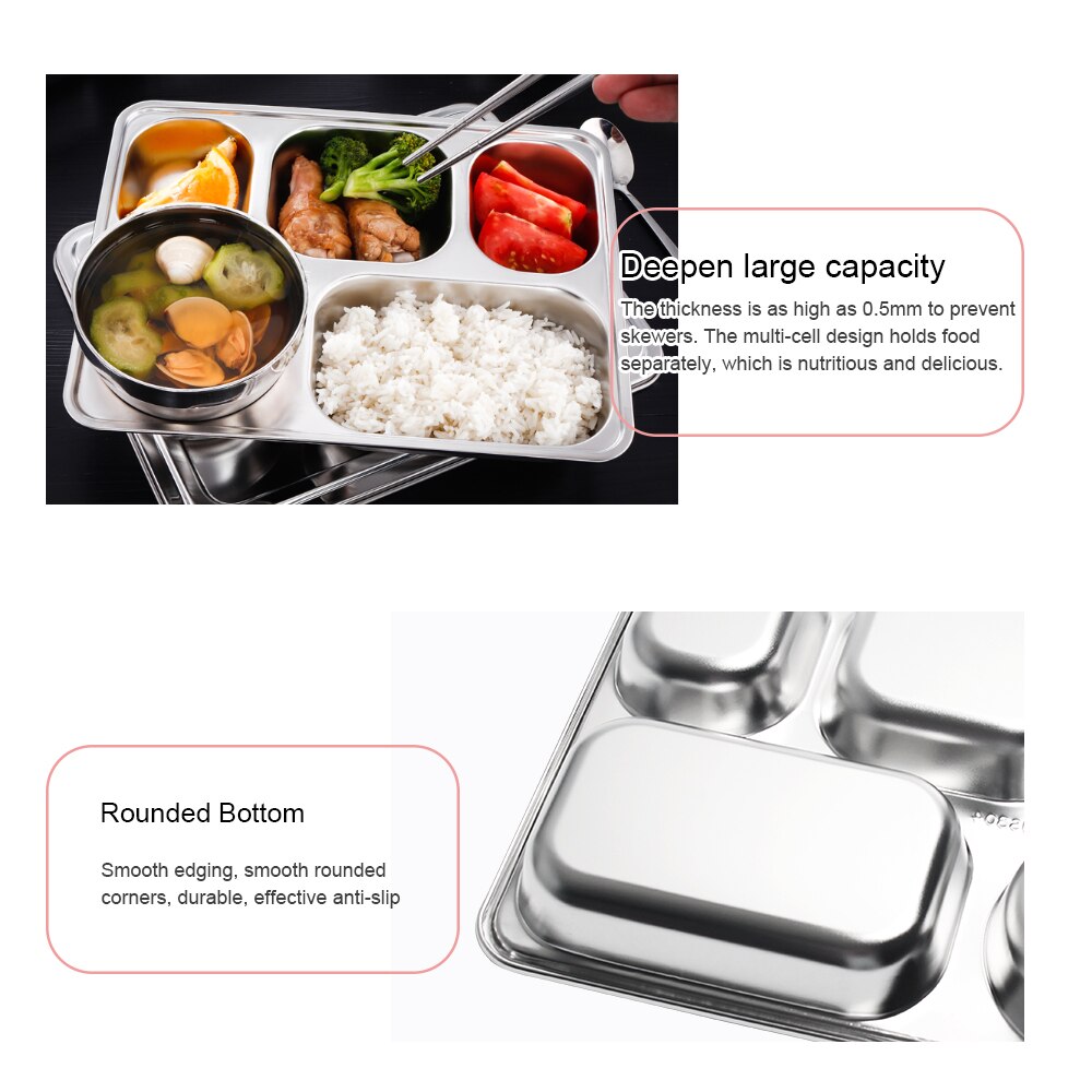 Stainless Steel 304 Divided Dinner Tray Fast Food Plate 5 Grids for School Canteen Kids 5 Section Cafeteria Partition Plate