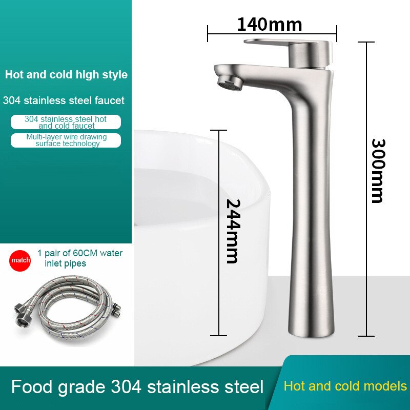 304 Stainless Steel Bathroom Faucet Basin Faucet Toilet Washbasin Single Cold Water Tap Bathroom Accessories: Hot cold high pipe