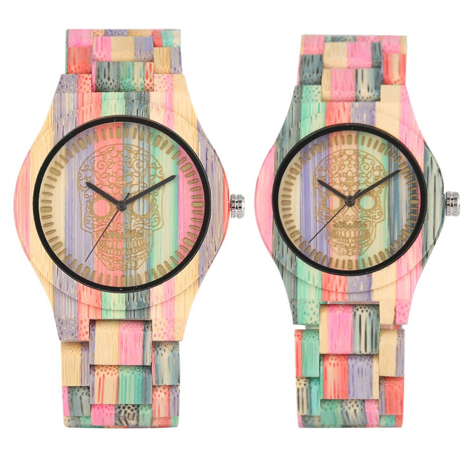 Farverige bambus træ ure kvarts naturlige bambus armbåndsur armbåndsur folde lås elskere ure: Par ur 2