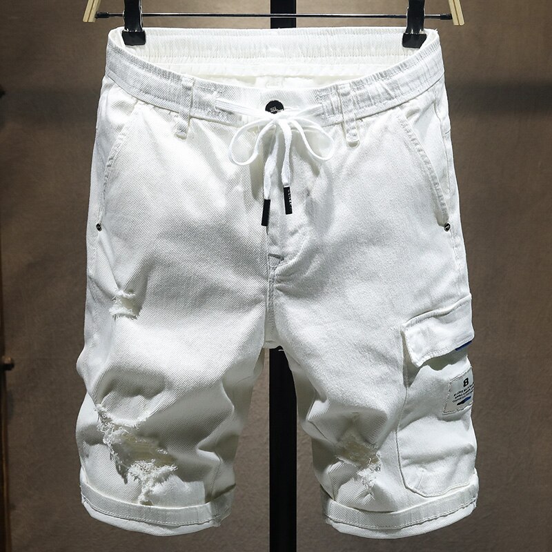 Sommer mænds hvide denim shorts elastisk talje stor lomme lige stretch korte jeans mandlige mærke tøj: 29
