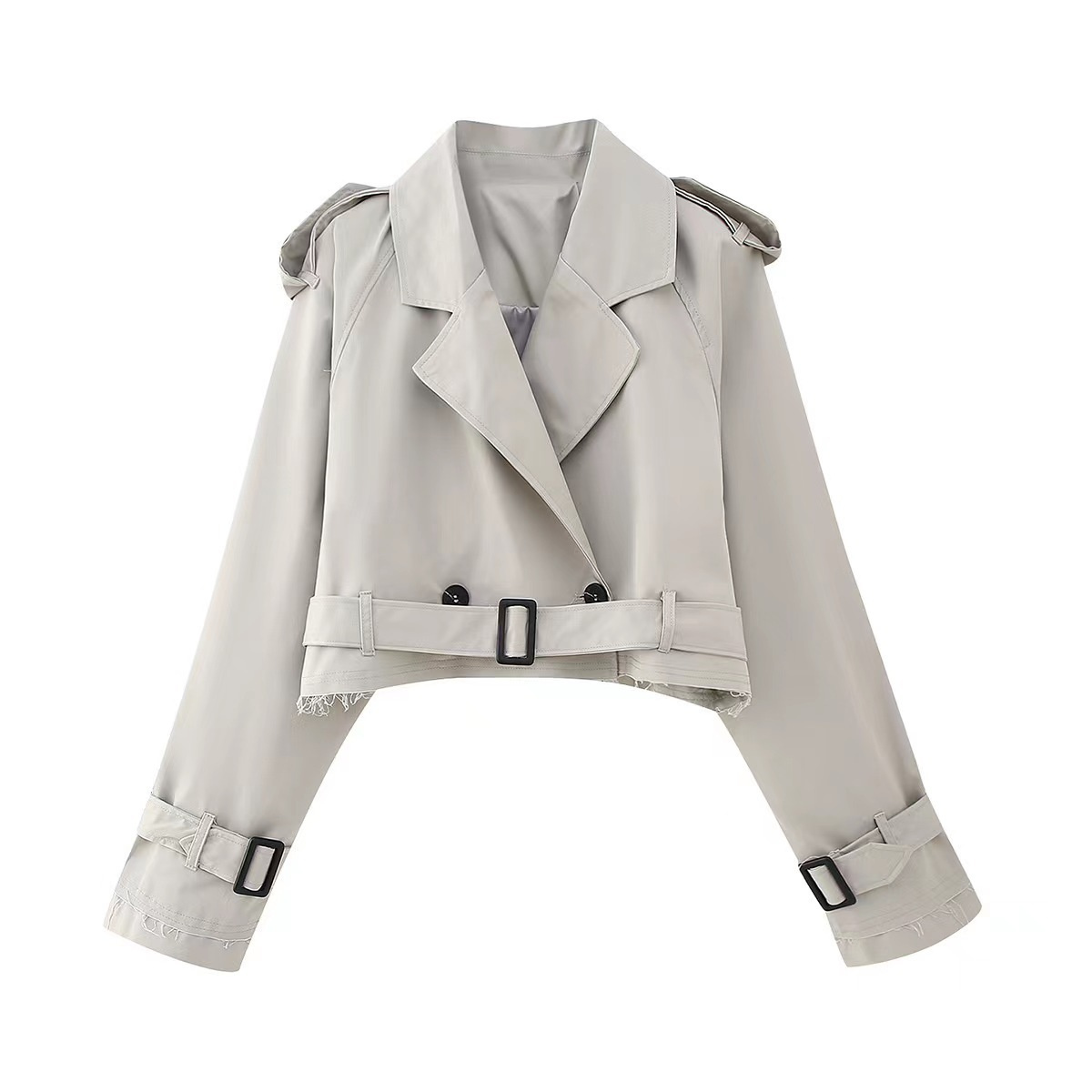 Jahrgang Gürtel Abgeschnitten Graben Jacke Frauen Langarm Revers Mantel Herbst Winter Zweireiher Spitzen Weibliche Streetwear: L / Grau