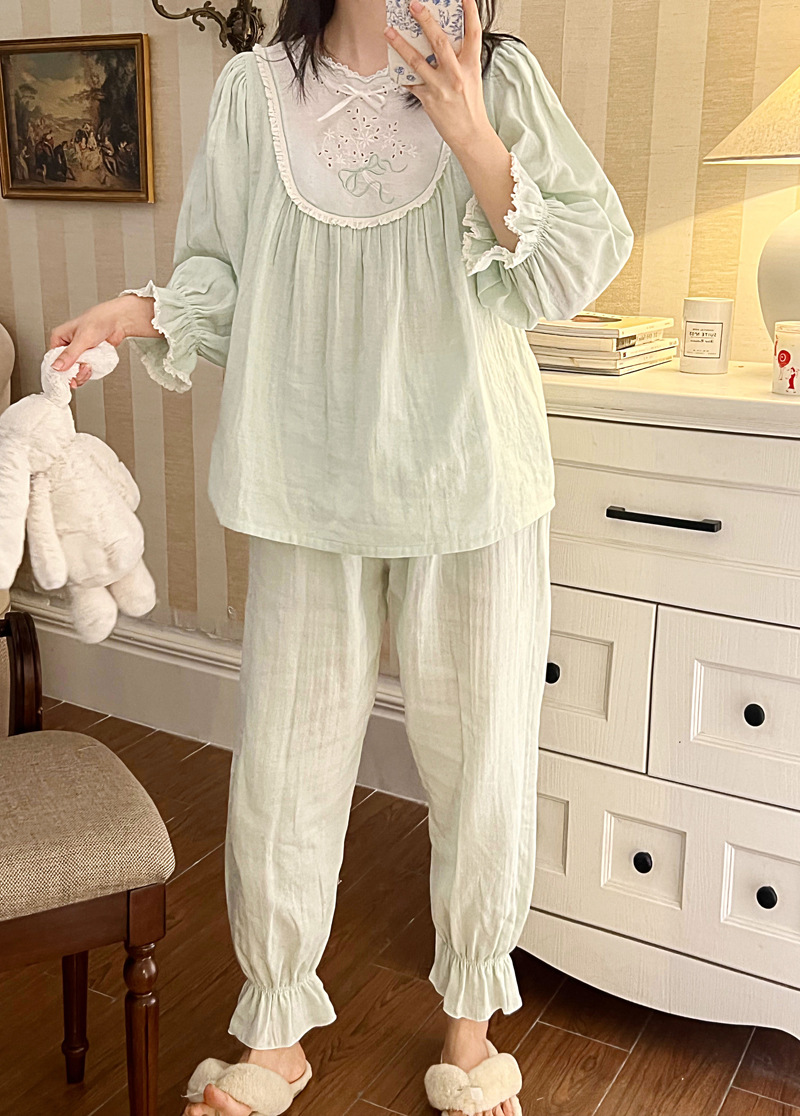1 Set Women‘s Sleepwear Spring Green Color Pajama Sets Vintage Ladies Girl&#39;s Princess French Style Pyjamas Set Nightwear Nightie