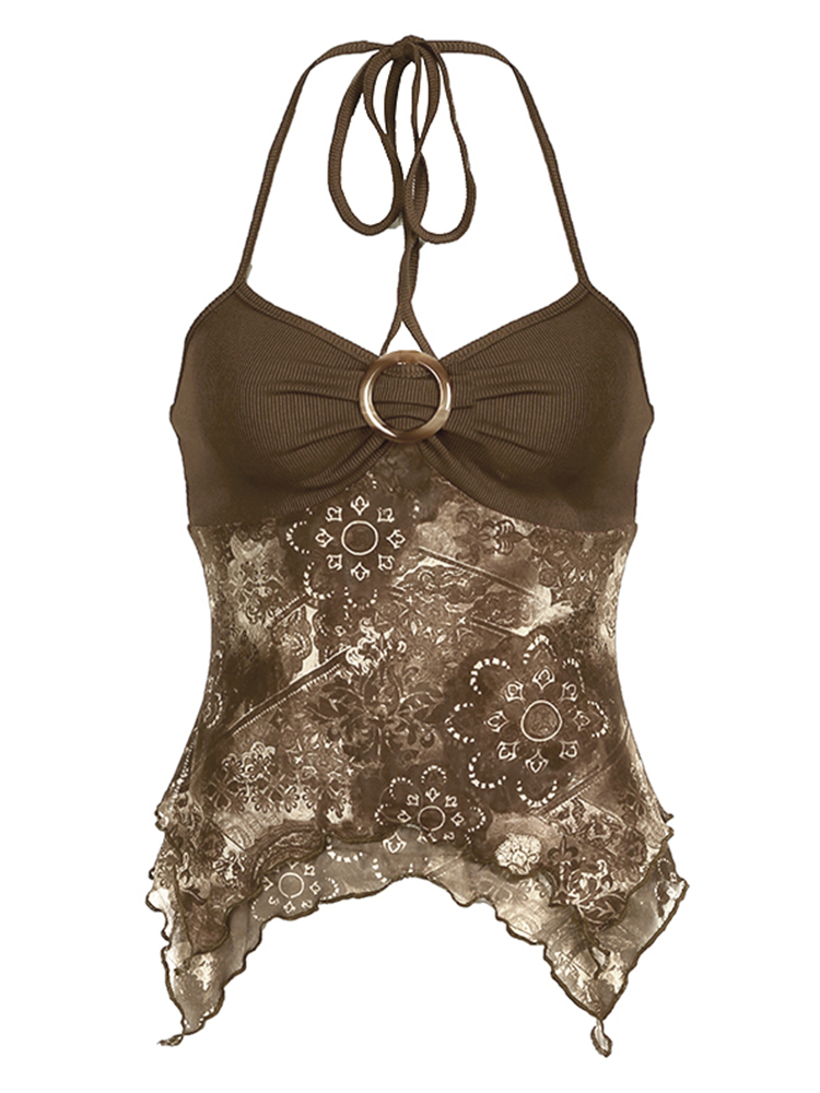 Sweetown-camisola Retro verde bosque con estampado Vintage para mujer, camisola bohemia Y2K con Espalda descubierta, Tops asimétricos con lazo Halter, ropa para vacaciones de verano: M / Castaño