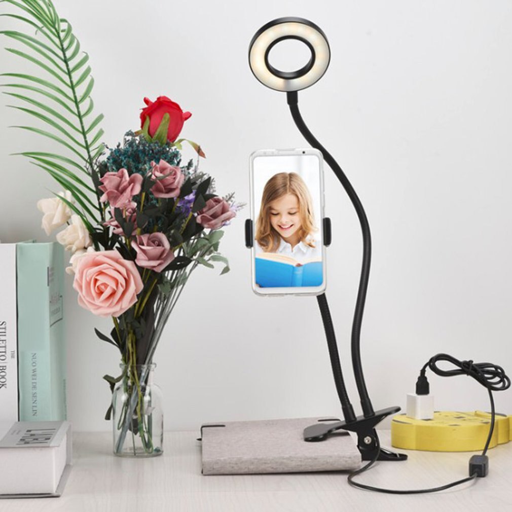 Monopod Mount Bracket with LED Ring Flash Light Lamp Tabletop Stand Tripods Clip with Mobile Phone Holder Overhead shot