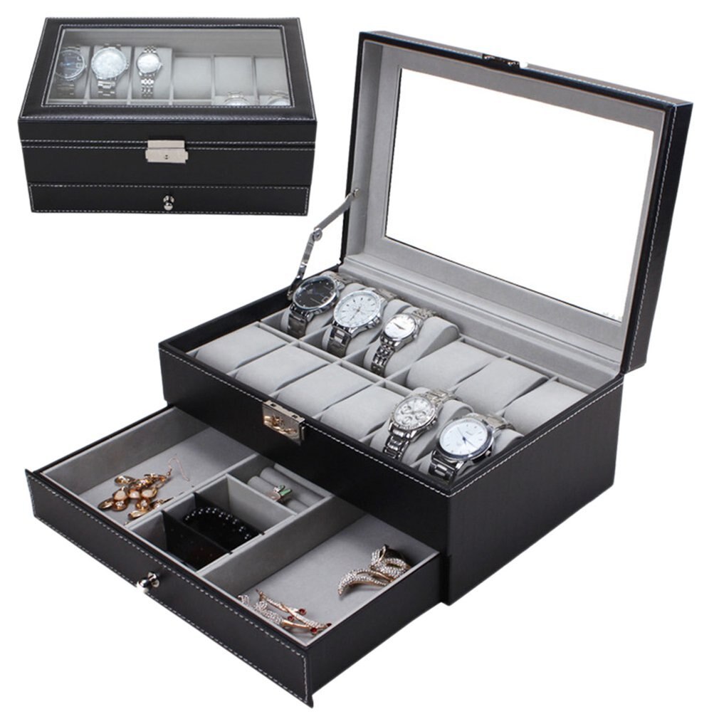 Horloge Sieraden Case Houder Zwart Bruin Kist Doos Professionele 12 Grids Slots Horloges Verpakking Opslag Pu Lederen Dubbele Lagen