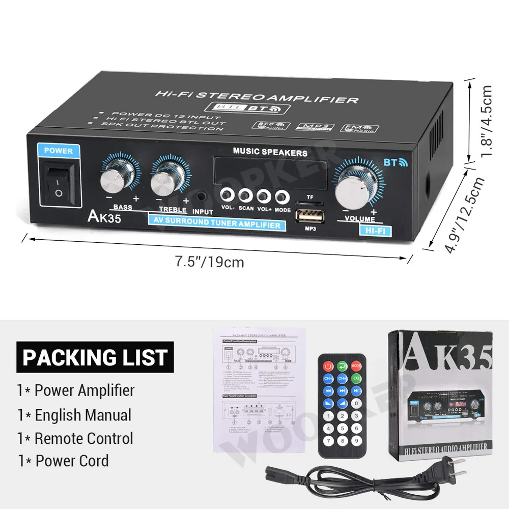 WOOPKER AK35 800W Sound Amplifier Channel 2.0 Bluetooth 5.0 HIFI Digital Amplifiers 100V-240V FM USB Remote Control for Home Car