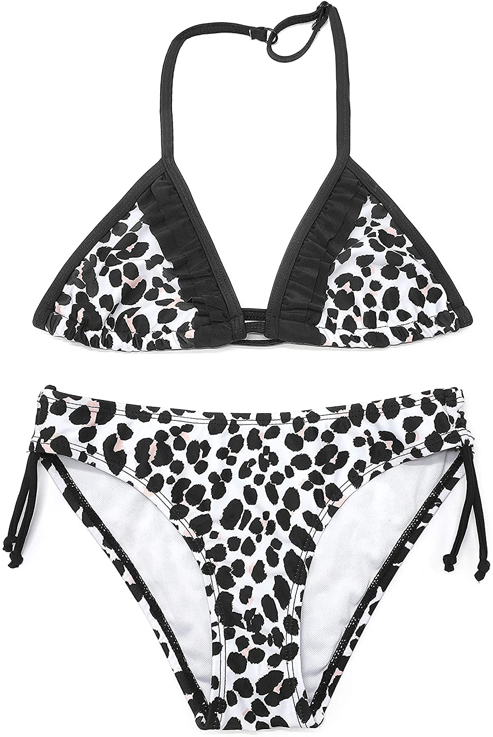 Shekini Meisjes Badpak Halter Driehoek Bikini Leuke Lace Print Tweedelige Kinderen Badmode Strand Badpakken Tiener Bikini: Black Print-01Y / 12-14