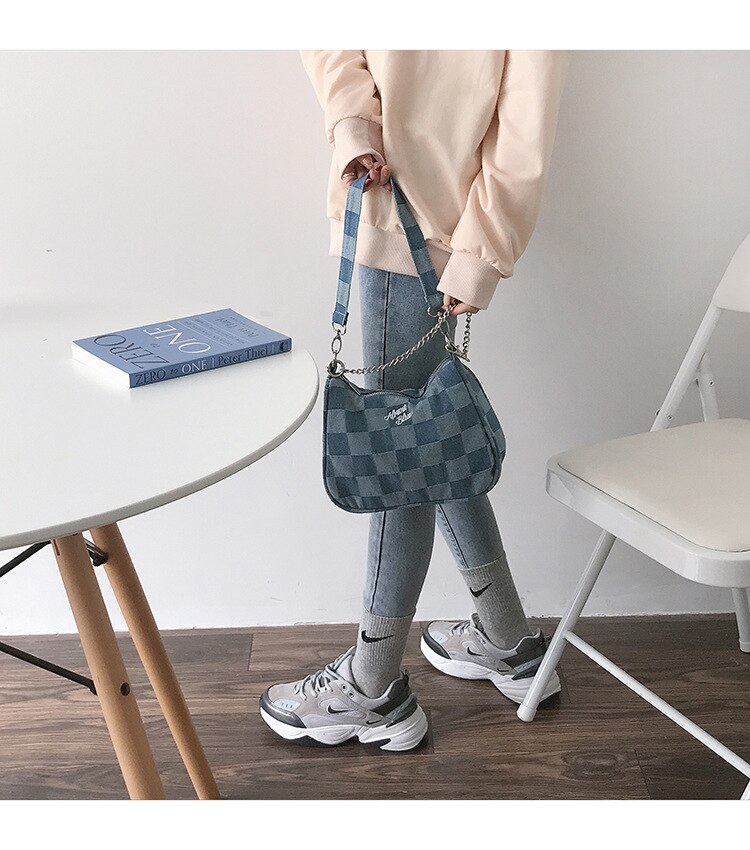 Frauen Kleine Schulter Taschen Blau Überprüft Handtasche Leinwand Tote Kette Unterarm Tasche Damen Denim Halbe Mond Taschen Baumwolle Tuch Geldbörse