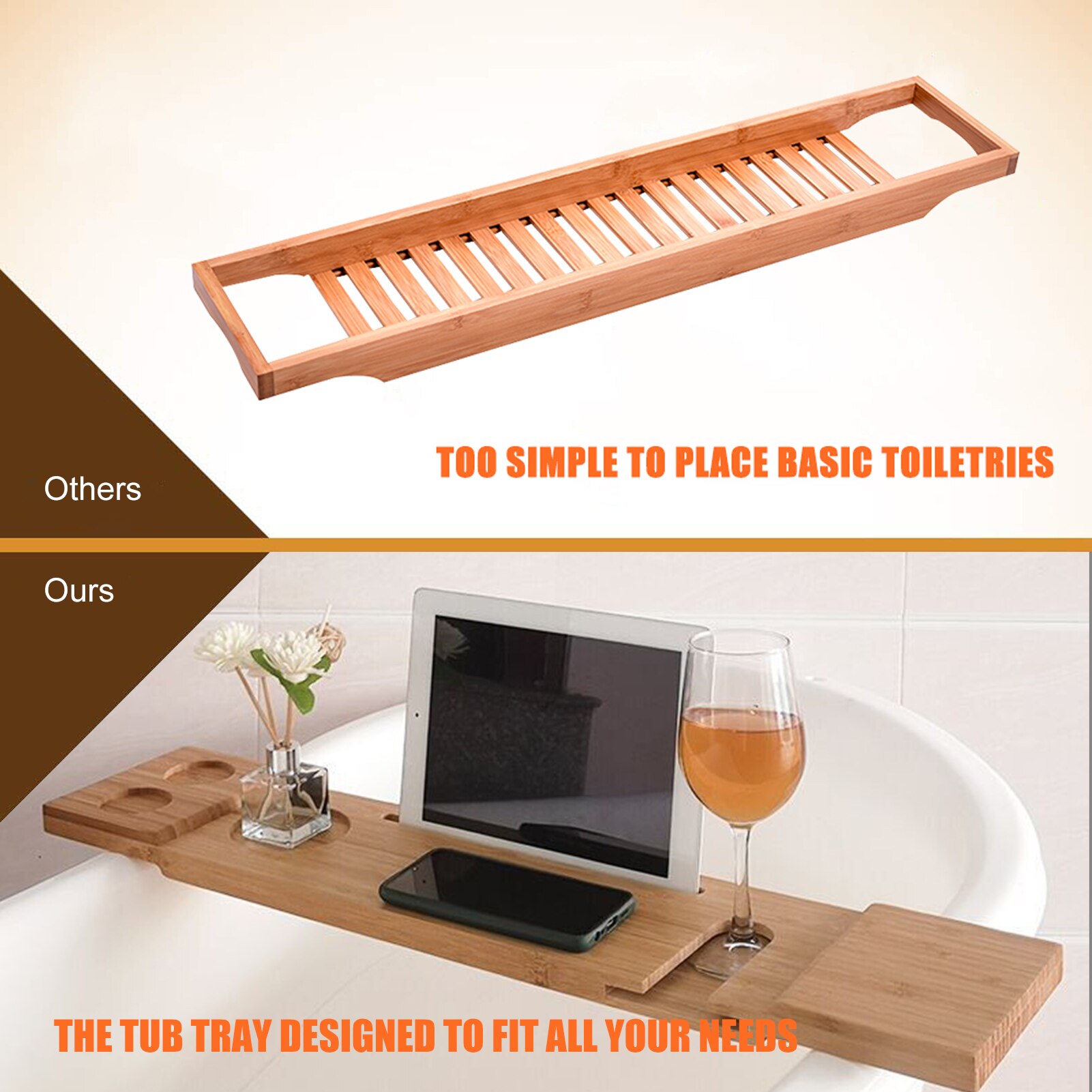 Bamboo Bathtub Tray Spa Bathtub Caddy Organizer Rack Book Wine Tablet Holder Nonslip Bottom Bath Tub Tray Bridge Shelf
