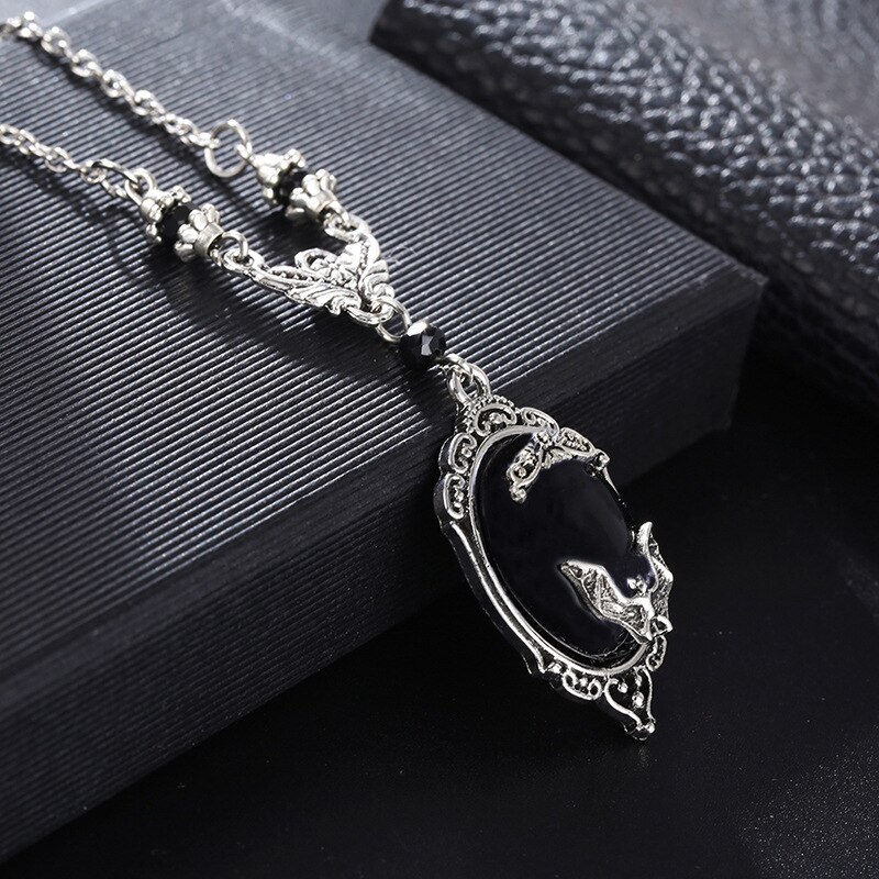 Punk Gothic Vampier Hanger Ketting Halloween Rock Victoriaanse Zilveren Omlijst Bat Cameo Ketting Voor Vrouwen Mannen Unisex Sieraden