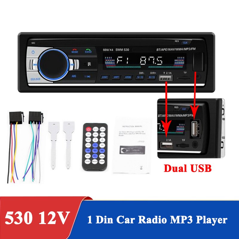Bluetooth Handfree Car Radio MP3 Audio Player FM/USB/SD/Aux In 1Din In Dash 12V Stereo Remote Control Auto Electronics Subwoofer: 530 phone charging