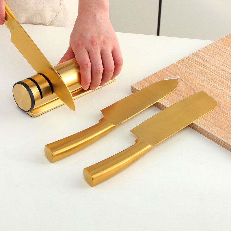 Afilador de cuchillos de cocina dorado de 3 etapas, herramienta para afilar cuchillos, piedra de afilar rápida, accesorios profesionales de Chef de acero inoxidable