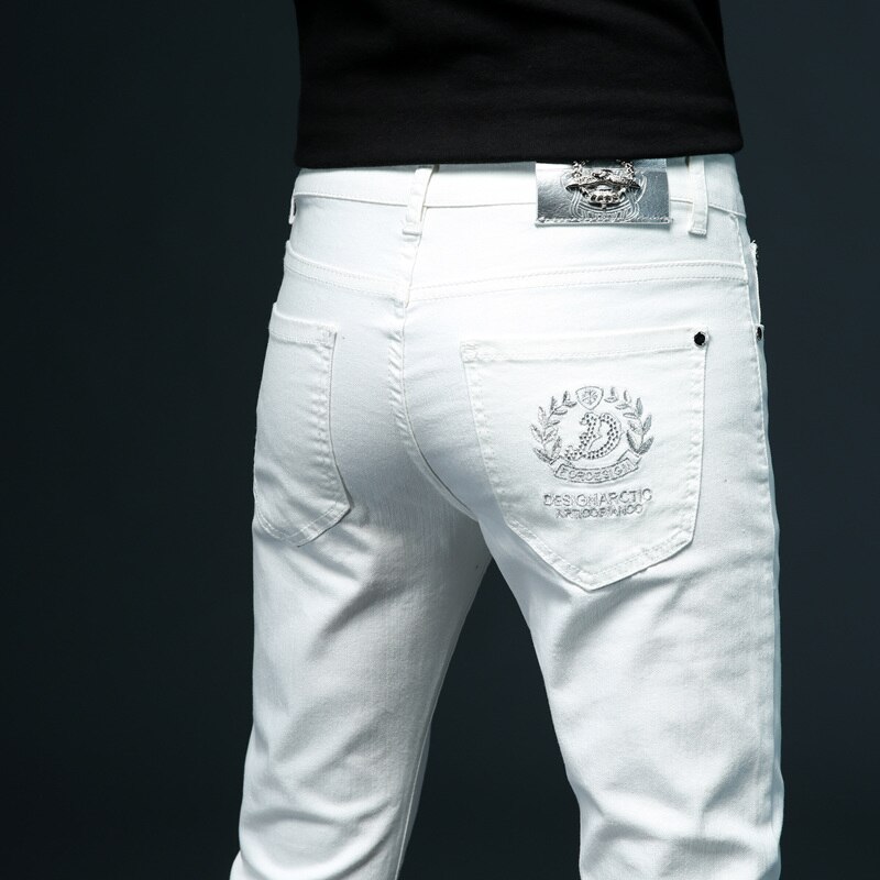 Men&#39;s White Slim Jeans Advanced Stretch Embroidery Decoration Denim Trousers Male Brand Pants 38