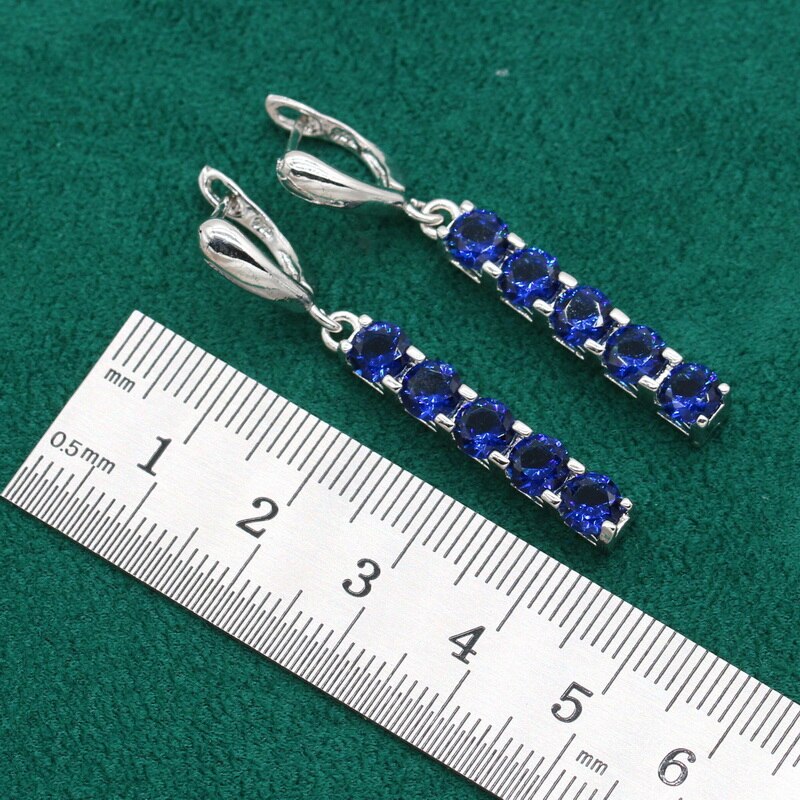Dubai Bruiloft Zilveren Kleur Sieraden Set Voor Vrouwen Royal Blue Zirkoon Armband Lange Oorbellen Ketting Hanger Christmas