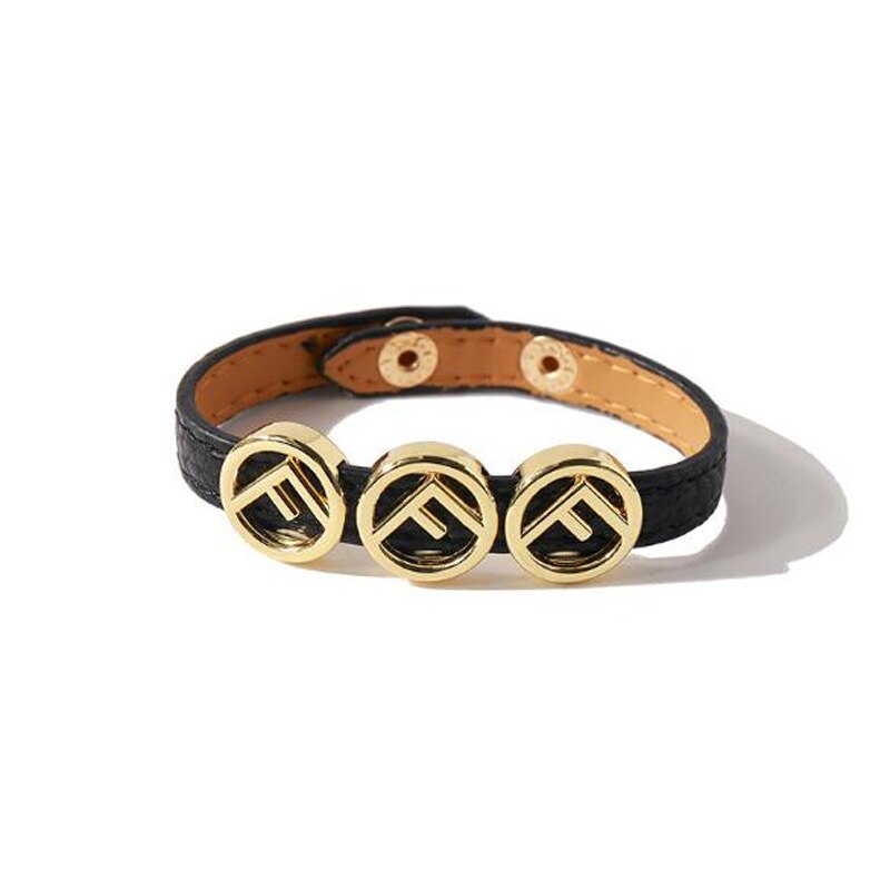 Alta qualidade estilo punk couro do plutônio 316l aço banhado a ouro f carta encantos pulseira & bangle para mulheres marca jóias atacado: Black