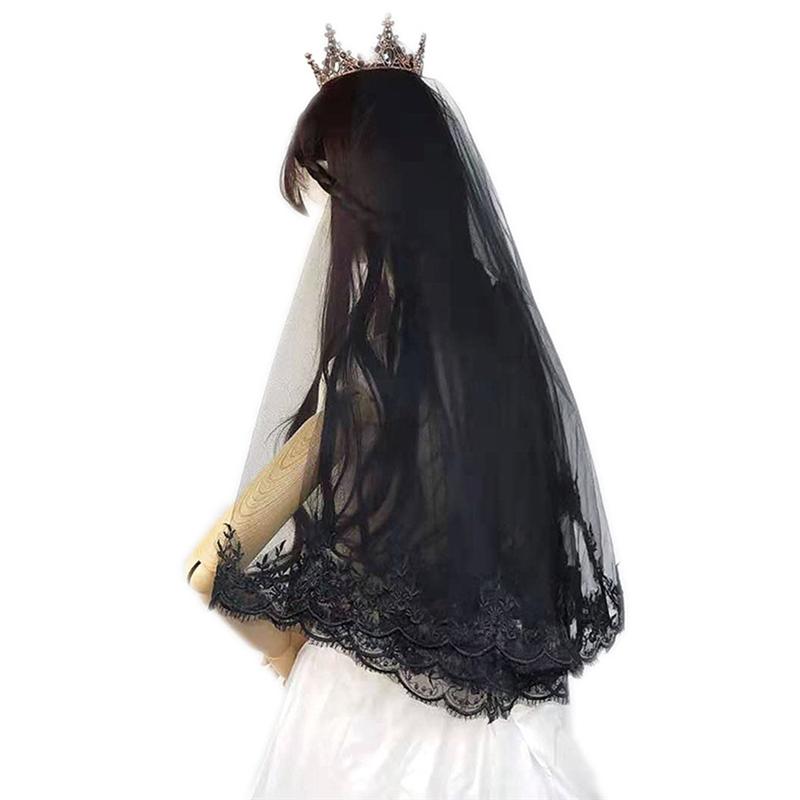 Mooie Zwarte Bruidssluier Elegante Kant Bruid Bruiloft Sluier Gaas Goedkope Bruid Sluier Voor Engagement Bruiloft Huwelijk Accessoires