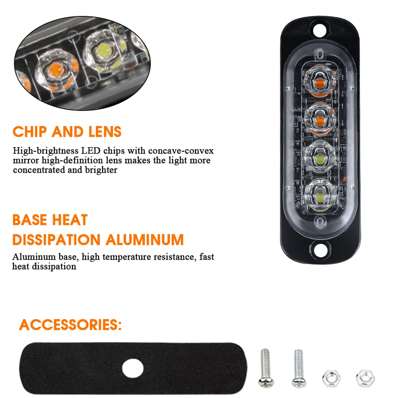 4 led-blitzvarsellys for bil, grill, blinkende, nødlampe for havari, bil, lastebil, tilhenger, varsellampe for led-sidelys, 12v , 24v hvite