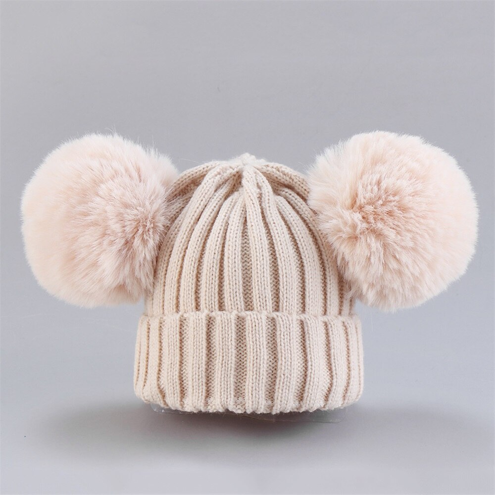 Cute Baby Hat Scarf Suit Autumn Winter Infant Poms Boy Girl Hat Scarf Set Fur Ball Caps Kids Soft Warm Knitted Hats Beanies: Beige Hat