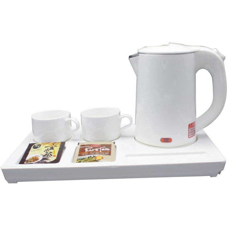 Pokój hotelowy mała pojemność mini dwupokładowa stal nierdzewna 304 0.6L 800W czajnik elektryczny zestaw robić kawy taca na kubki: biały i Tray