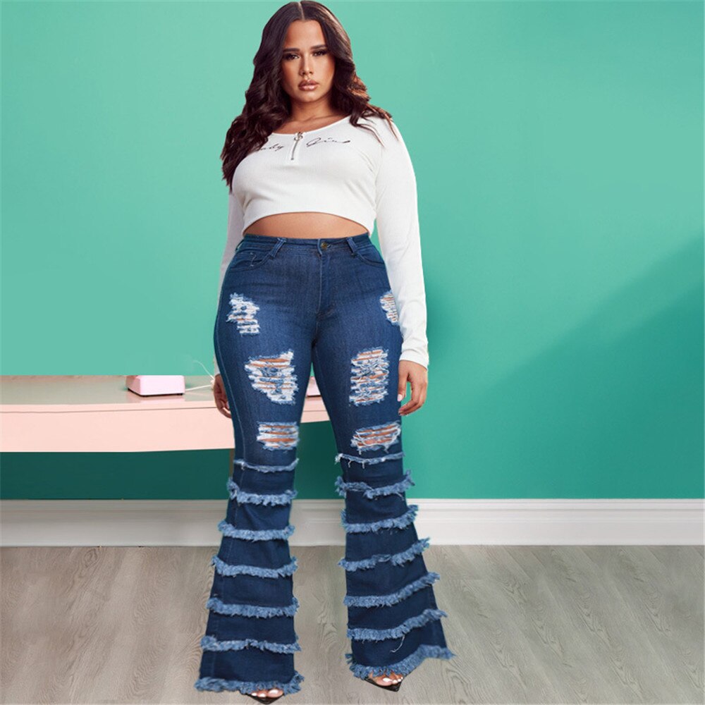 Plus Size Jeans Women Denim Pants Ripped High Waist Bottom Tassel Boyfriend Streetwear Birthday Outfits: Blue / 5XL