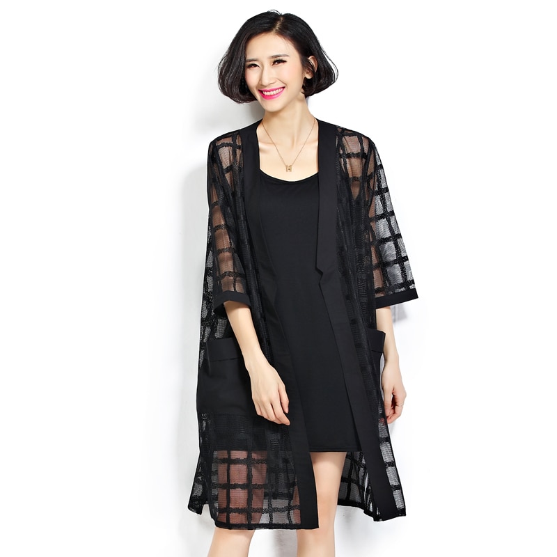 Plus Size Chiffon Coat Summer Style Women Clothing Black Plaid Perspecti Loose Half Sleeve Lady Long Mesh Cardigan