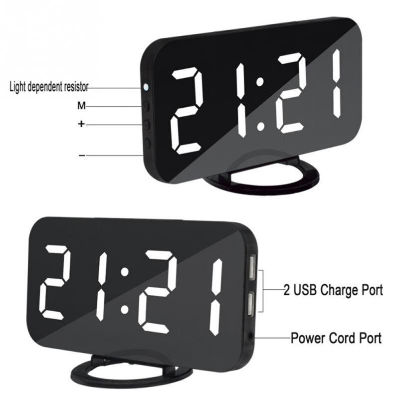 1PC Digital Mirror Clock Automatic Dimming Clock LED Mobile Phone Charging Alarm Clock Snooze Display Time Clocks
