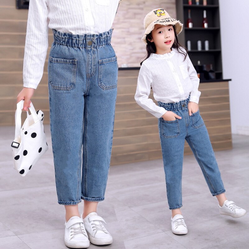 Vår og høst barn klær jenter høy midje jeans bukser blå slim fit denim materiale for jenter bukser bukser klær