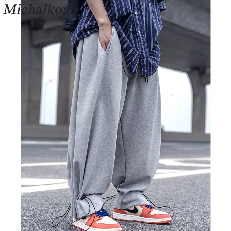 Cordón de gran tamaño ropa de hombre Pantalones Haren pantalones Hip hop punk de Harajuku oscuro ropa de calle con cintura elástica pantalón michalkova