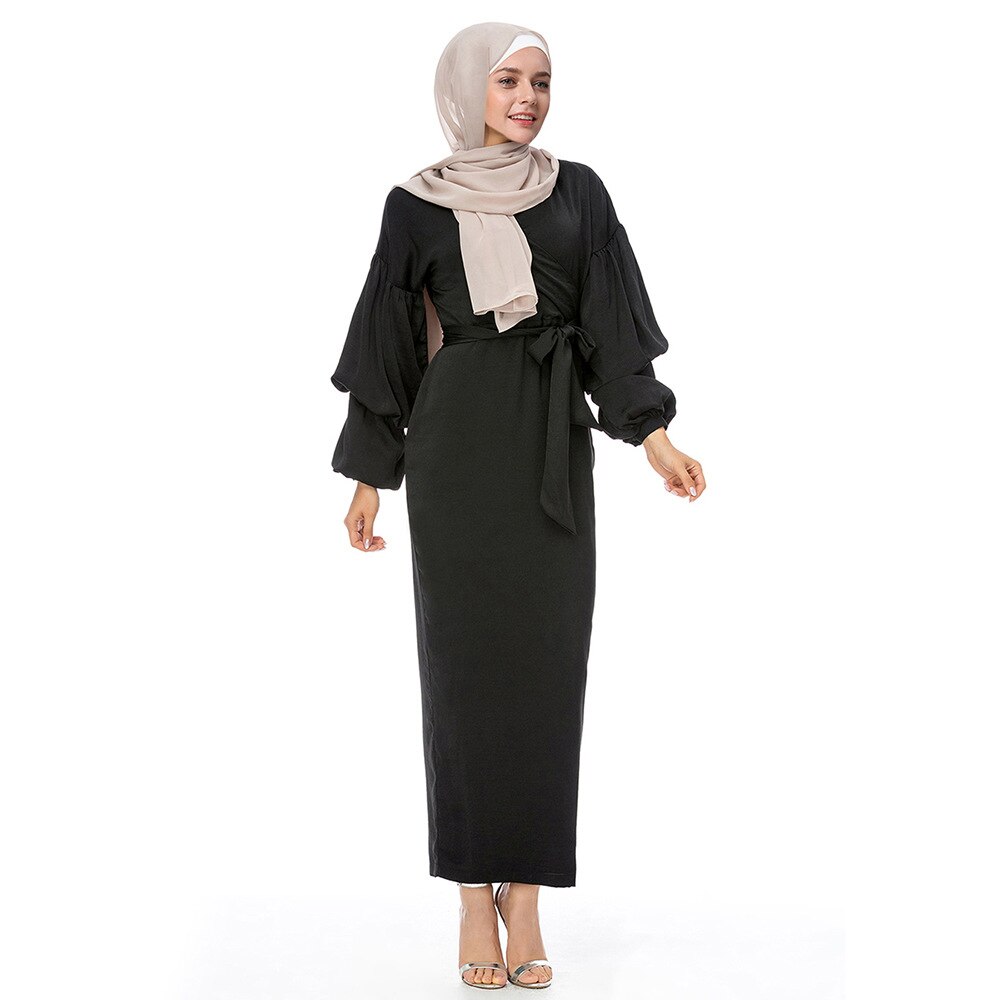 Autumn Muslim Abaya Dress Women Slim Maxi Hijab Dresses Islamic Clothing Puff Sleeve Dubai Moroccan Kaftan Elbise Solid Color