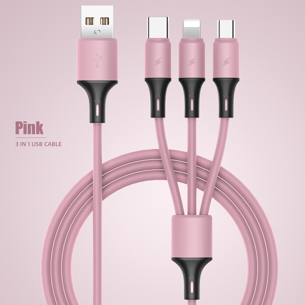 120cm 3 w 1 kabel ładujący USB dla iPhone 12 3A mikro USB typ C kabel 3w1 2w1 przenośny kabel ładujący dla iPhone X Samsung S9: różowy