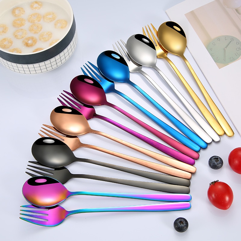 1PC Cake Dessert Forks Stirring Spoons Stainless Steel Colorful Long Handle Coffee Ice Cream Scoop Kitchen Tableware Supplies