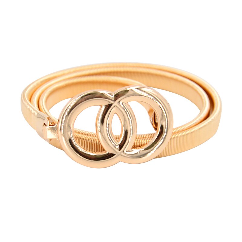 Cinturón con cadena y anillos dobles para mujer, cinturón elástico de plata y oro, cinturón de Metal fino para vestido de mujer