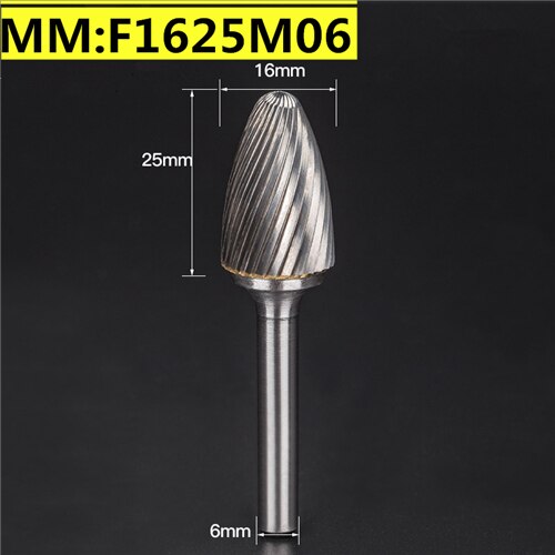 1pcs-free Vhm Tungsten Staal Frees, 6Mm Schacht F Type Metalen Elektrische Slijpen Hoofd, polijsten Tool: F1625M06