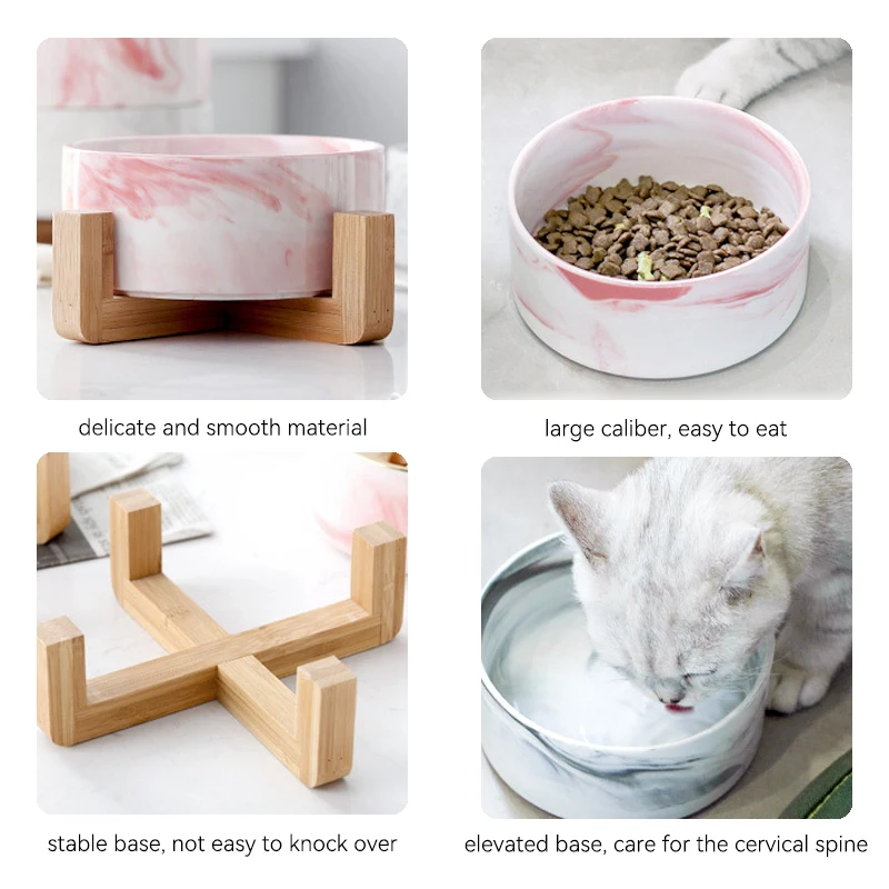 Tigela de cerâmica marmorizada para gatos, com suporte de madeira, tigelas duplas para alimentos, água, cachorros pequenos, suprimentos de alimentação elevados
