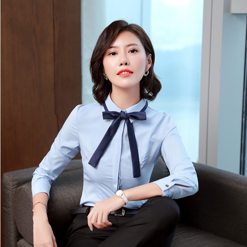 Nouveauté bleu Blouses & chemises pour femmes affaires travail usure OL Styles Blouse femme vêtements avec cravate automne