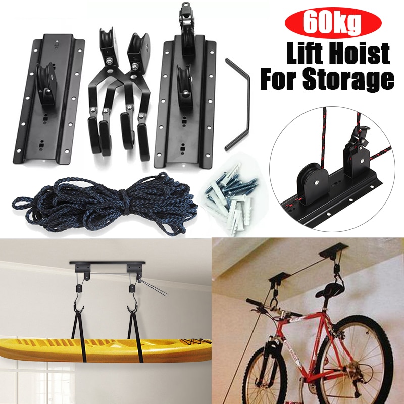 Kayak Hoist Canoe Boat Bike Lift Pulley System Garage Ceiling Storage Rack Bicycle Rack With 15M Rope Capacity Max Load 60KG