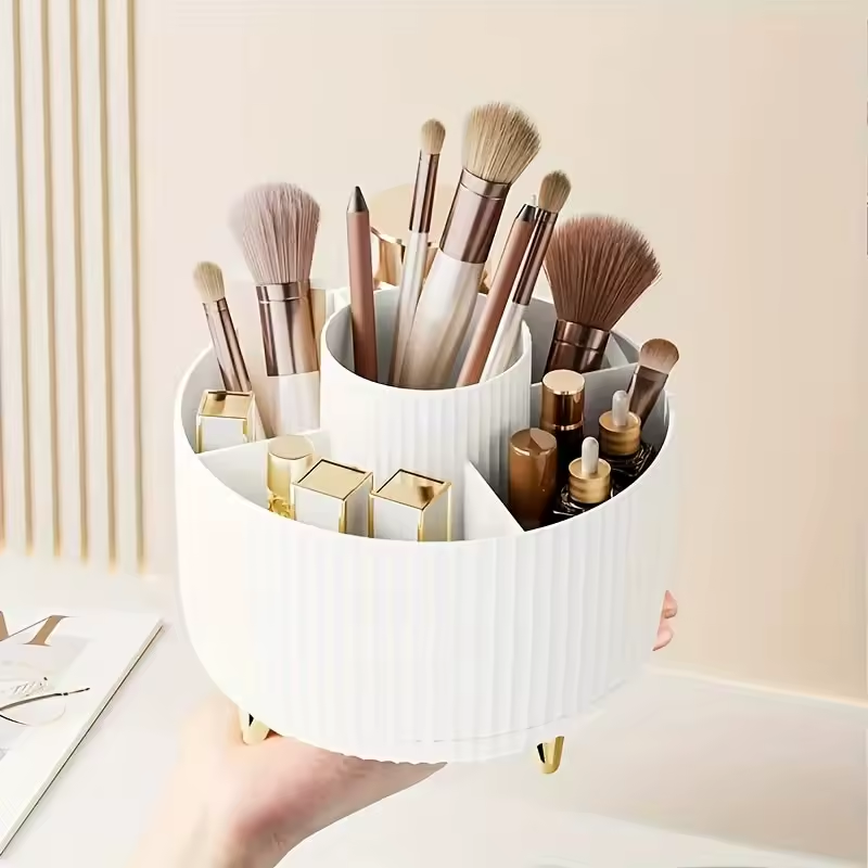 360° Rotating Makeup Organizer Makeup Holder Cosmetic Storage with 5 Compartments Multi-Functional Holder for Brushes Pen