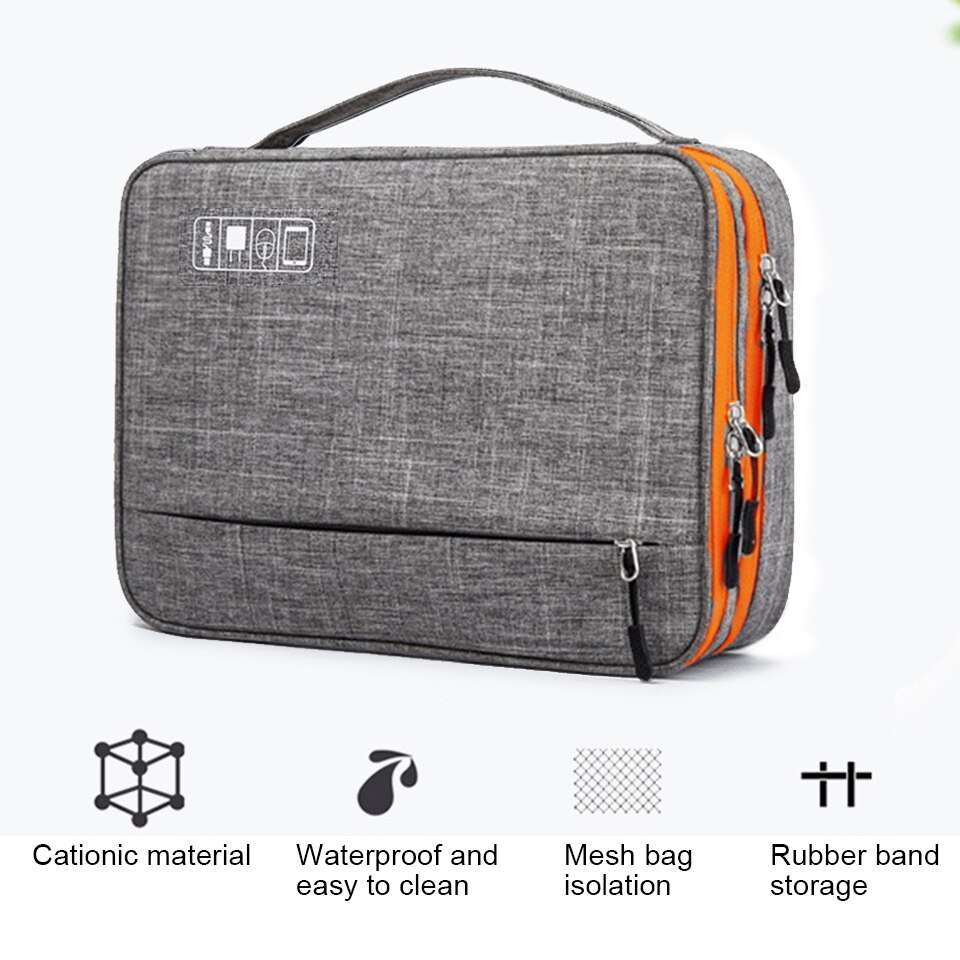Bolsa de almacenamiento de accesorios electrónicos de doble capa habitación separada y tiras de separación estuche organizador portátil para iPad, discos duros, Cables,
