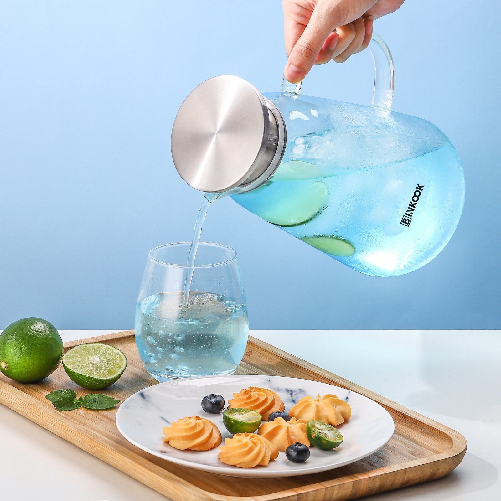 BINKOOK Large Glass Water Jug With Stainless Steel Lid Iced Tea Pot Juice Carafe Heat Resistant Kettle Beverage Container