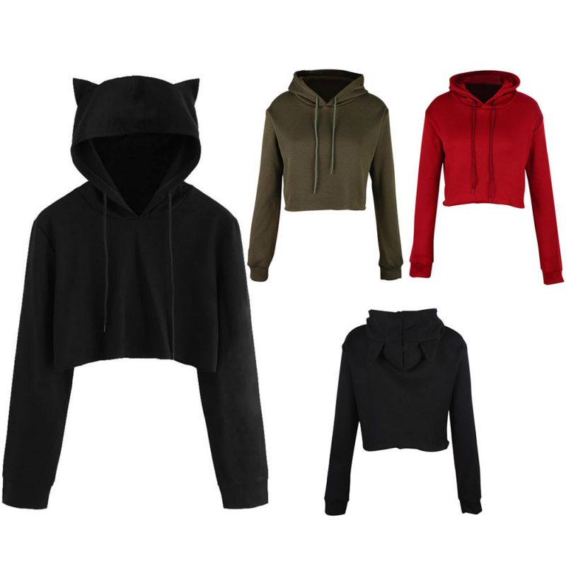 Outdoor Sports Women\\\'s Breathable Crop Tops Hoodie Long Sleeve Teen Girls Cute Cat Ear Pullover !