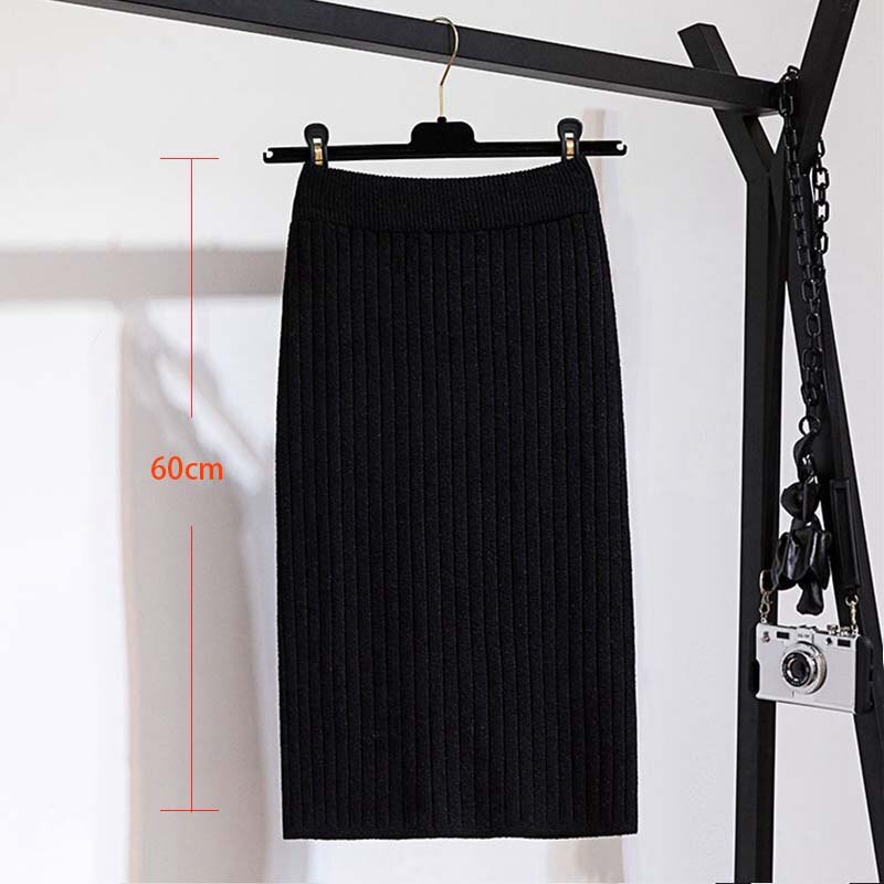 Faldas de mujer de banda elástica de 60-80CM, Falda recta de punto cálida de otoño e invierno, falda negra medio larga acanalada: 60cmblack