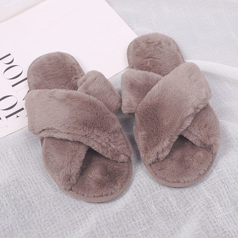 Zachte Winter Dames Slippers Warm Huis Indoor Slaapkamer Pluche Open Teen Sandalen Mode Meisjes Indoor Slippers Schoenen Voor Vrouwen: Khaki / 40-41