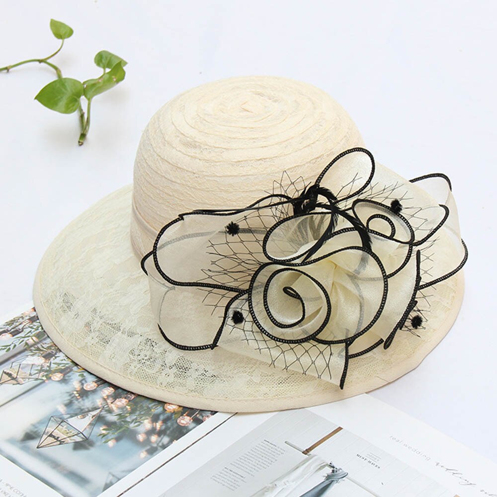 Fs Elegante Bloem Kant Garen Cloche Hoed Beige Opvouwbare Dames Zonnebrandcrème Mode Banket Brede Rand Tovenaar Hoeden: Beige Black Hat
