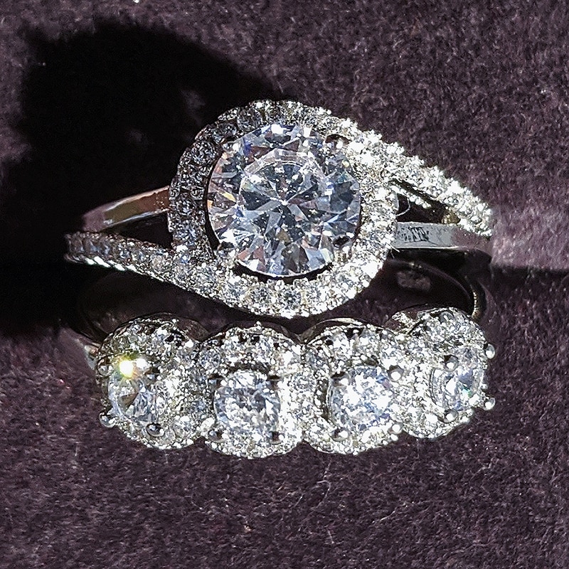 Sterling Zilver Trouwring Set - 925 Bruidsset - Ronde Zirconia - Dames Jubileum Sieraden
